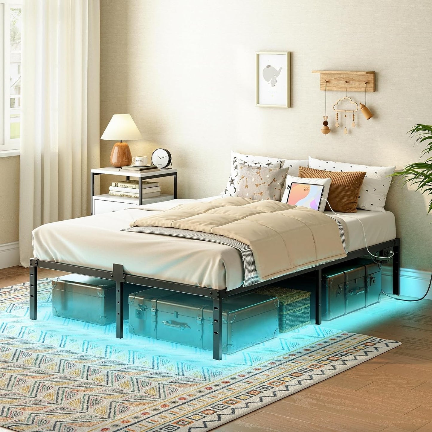 Full Bed Frame with LED Lights Metal Platform Bed Frame with Charging Station