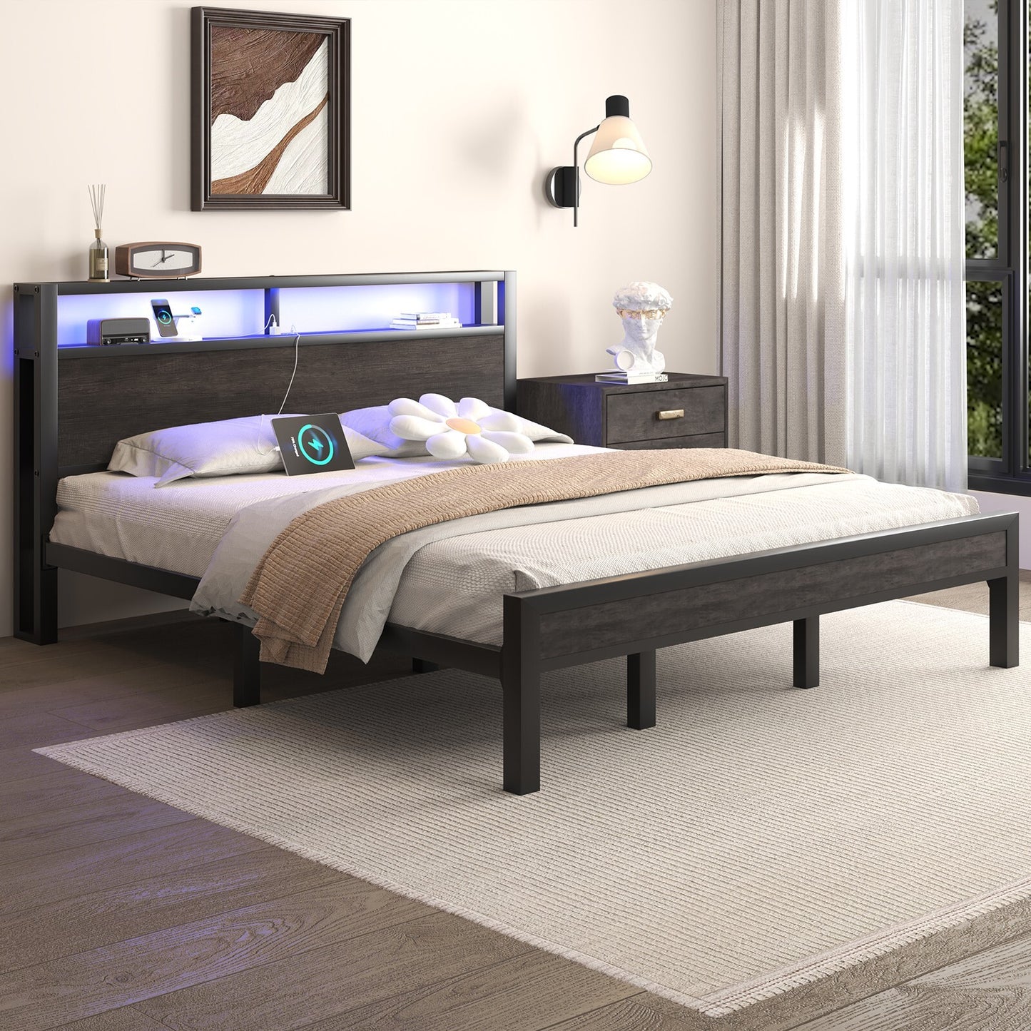 LED Light Bed Frame with 2-Tier Storage Headboard and Charging Station/Grey