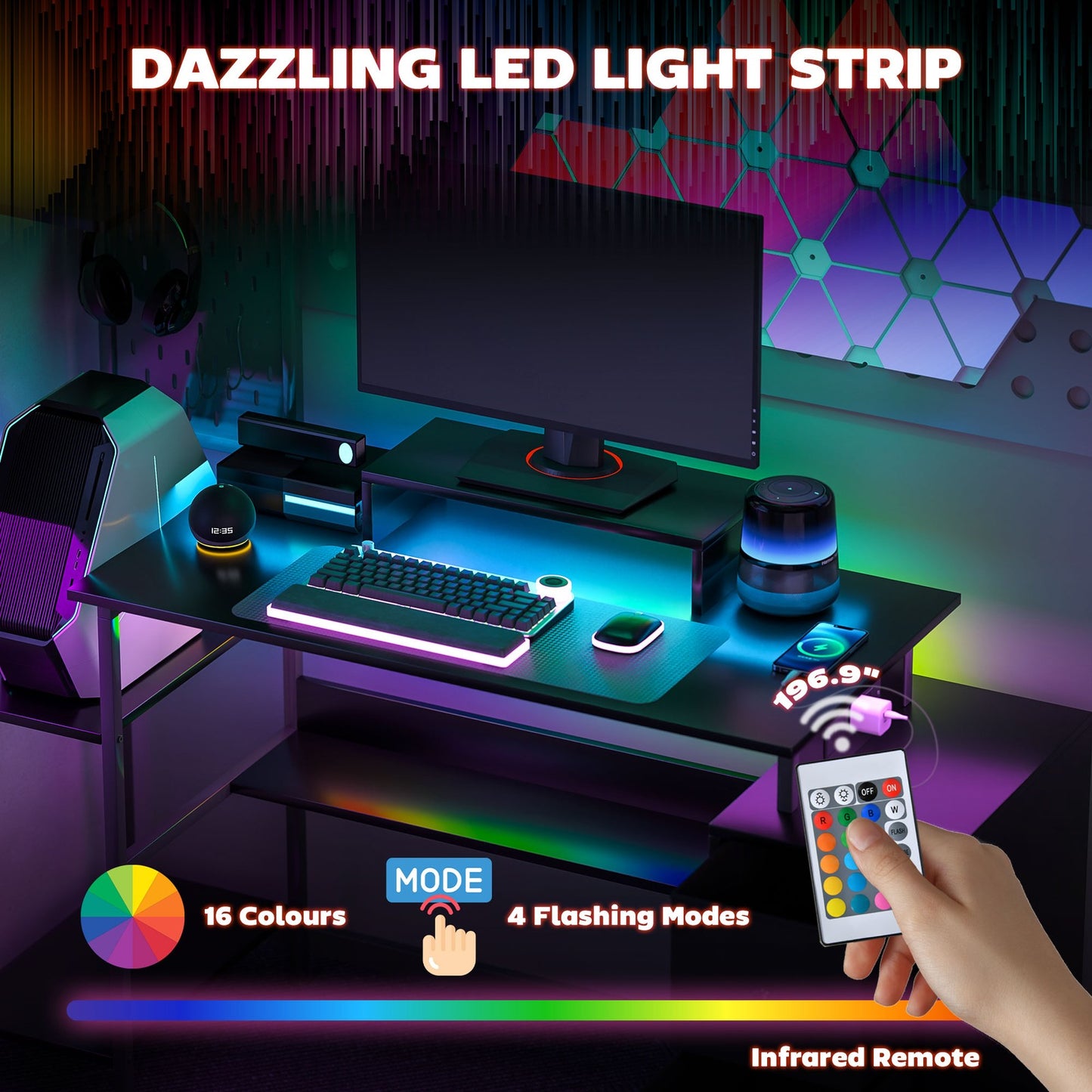 56" Computer Desk with LED Lights, PC Desk with Monitor Stand, Black