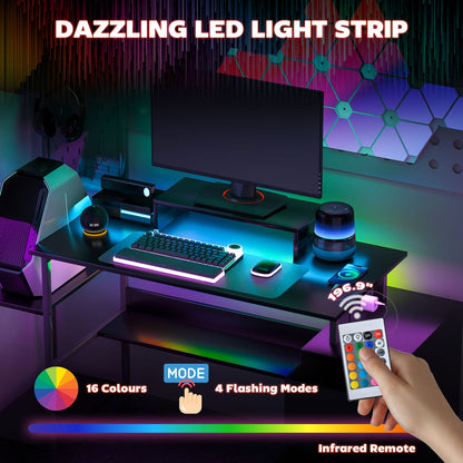 56" Computer Desk with LED Lights, PC Desk with Monitor Stand, Black