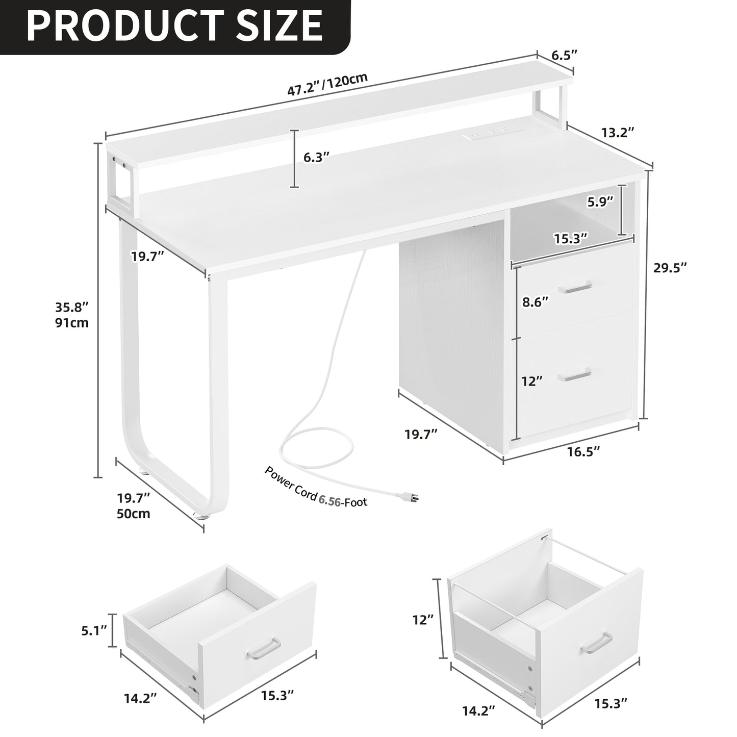 47" LED Computer Desk with Drawer & Power Outlets Writing Table Home Office Desk