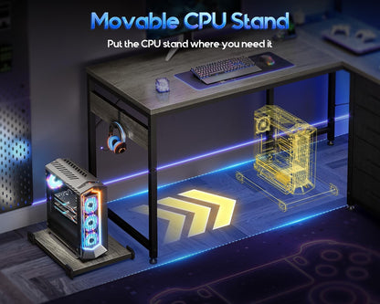 Office Table Reversible Computer Desk L Shaped Gaming Desk w/ Hook & LED Lights