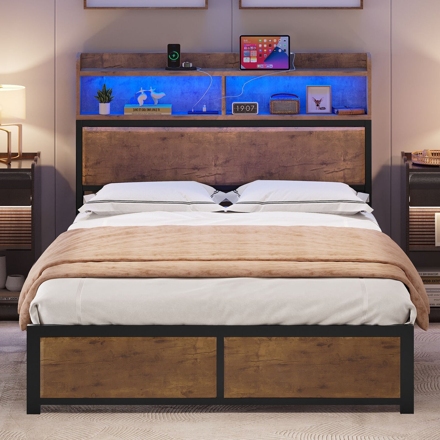 Full Size Bed Frame,LED Bed Frame with Headboard,USB Ports & Charging Outlets