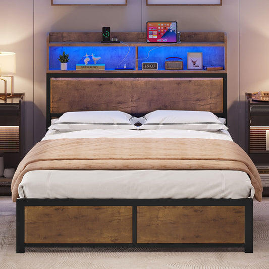 Full Size Bed Frame,LED Bed Frame with Headboard,USB Ports & Charging Outlets