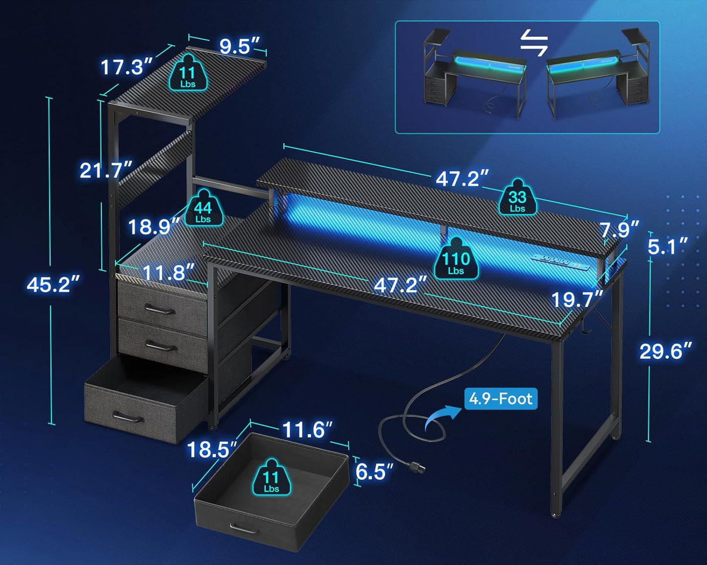 59 Inch Gaming Desk with USB Charging Ports & LED Light - Reversible Computer De