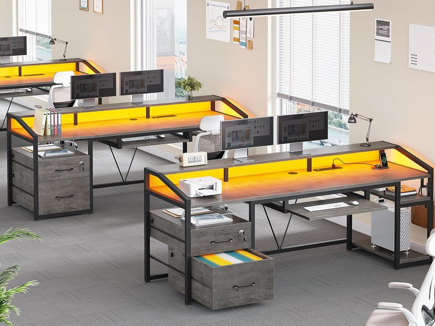 Computer Desk with LED Lights & Power Outlet, Office Desk with Lockable Drawers