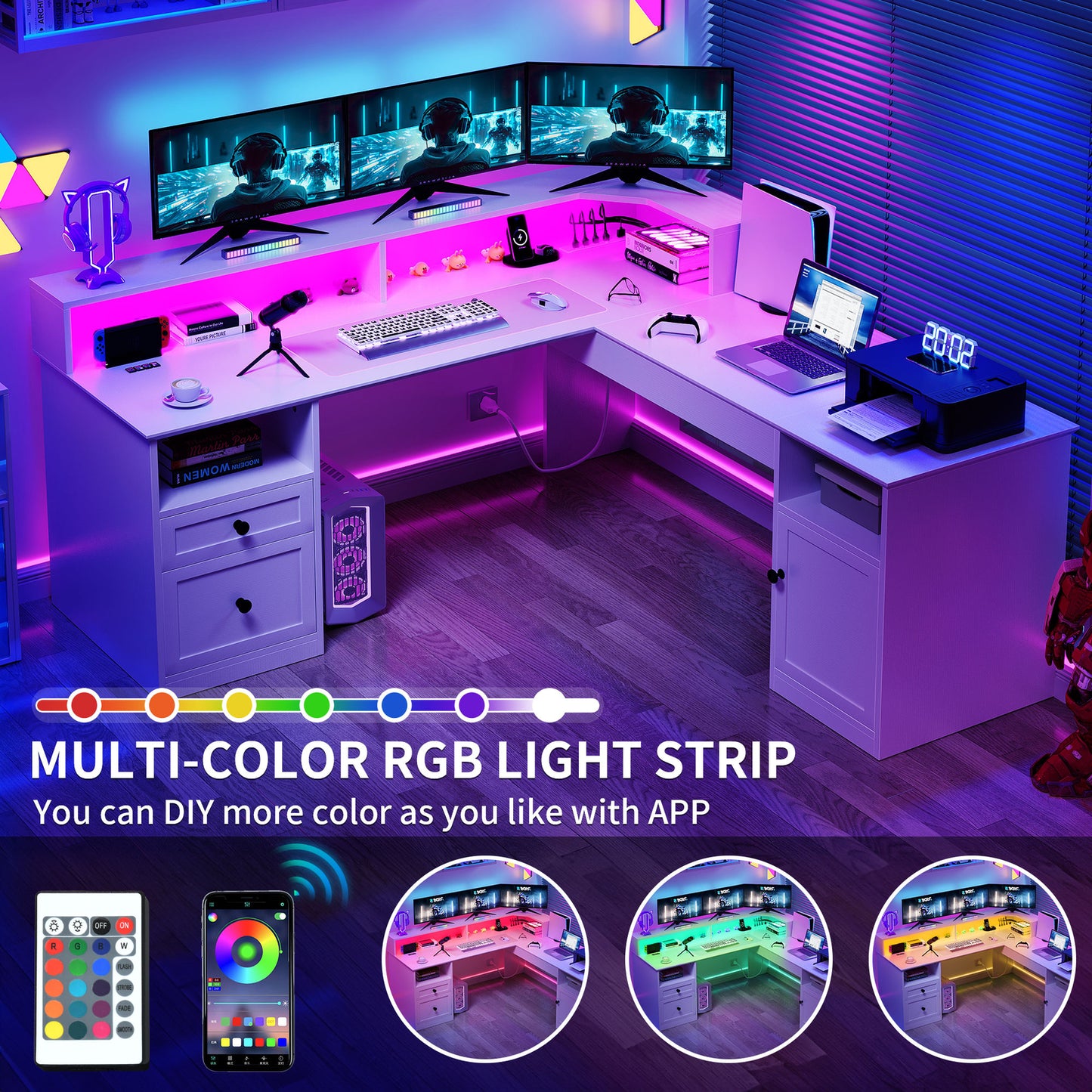 60" Lift Top L Shaped Desk with Power Outlets & LED Lights Corner Computer Desk
