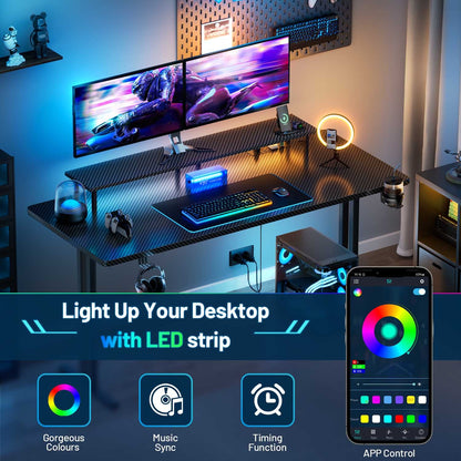 47/55/63" Gaming Desk with LED & Power Outlets, Computer Desk with Monitor Stand