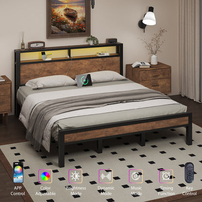 LED Light Bed Frame with 2-Tier Storage Headboard and Charging Station/Grey