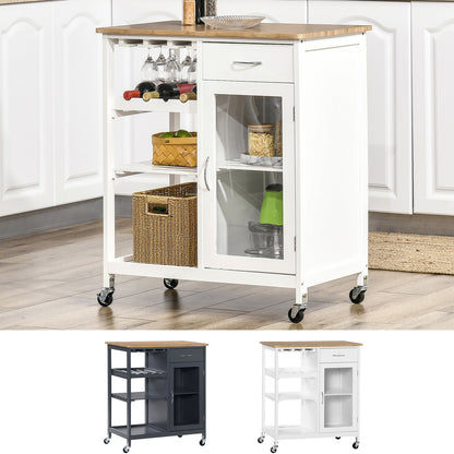 HOMCOM Utility Kitchen Cart Rolling Kitchen Island W/ Wine Rack Cabinet