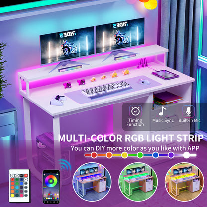 55 inch LED Computer Desk Office Desk with Drawer Gaming Desk with Power Outlets