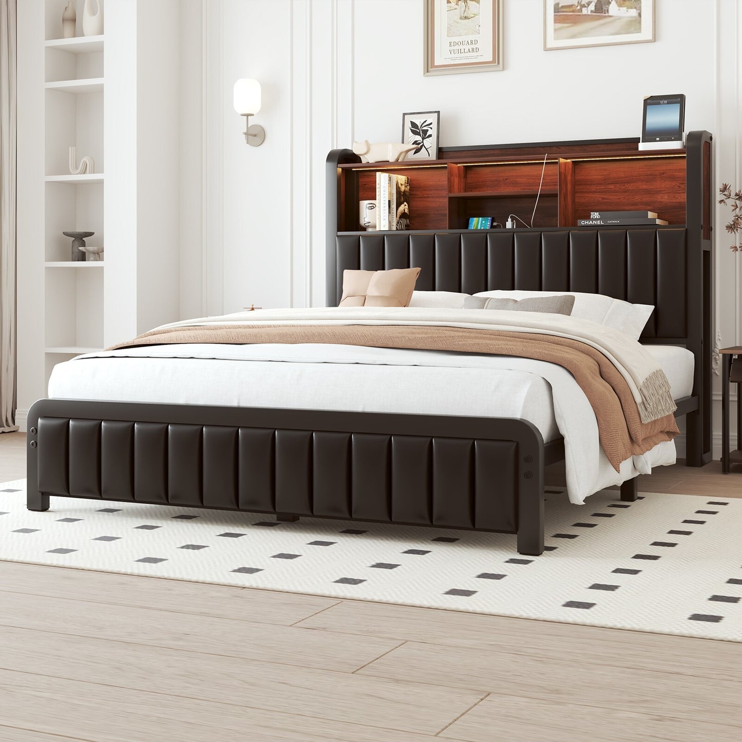 Queen Size LED Bed Frame with 3-Tier Storage Headboard＆Charging Station