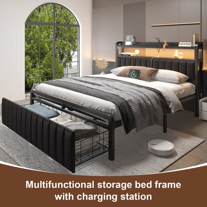 Full Queen Size Metal Platform Bed Frame with 2-Tier Storage Headboard＆Drawers