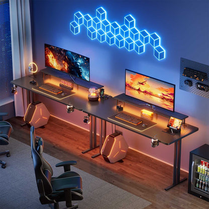 Gaming Desk with LED Lights & Power Outlets, Gamer Desk with Monitor Stand