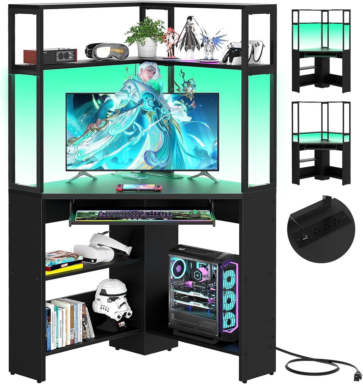 Triangle Corner Computer Desk with Keyboard Tray & Hutch & LED Lights & Outlets