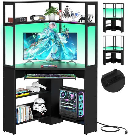 Triangle Corner Computer Desk with Keyboard Tray & Hutch & LED Lights & Outlets