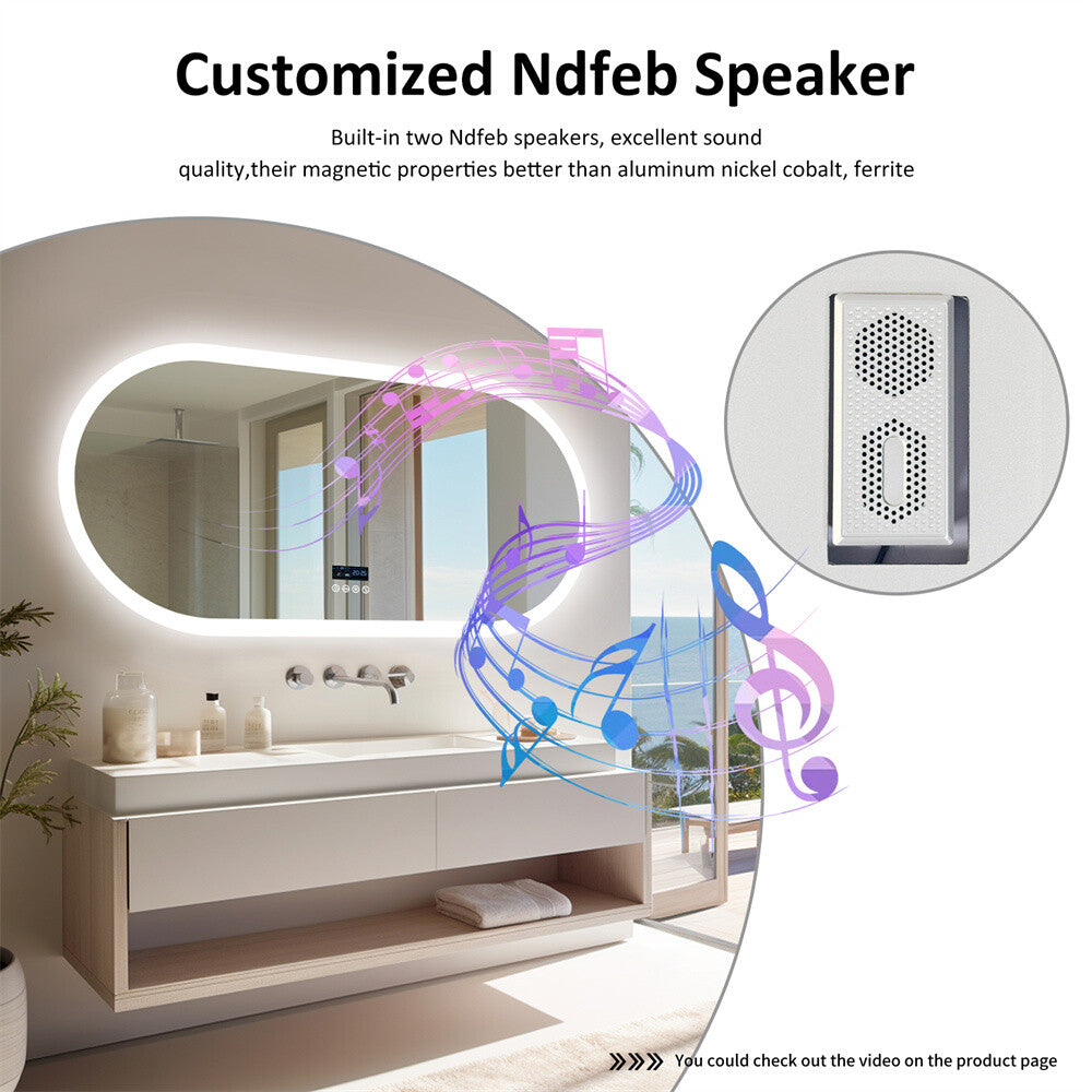 Large Bluetooth LED Bathroom Mirror Wall Vanity Mirror Dimmable Anti-fog Touch