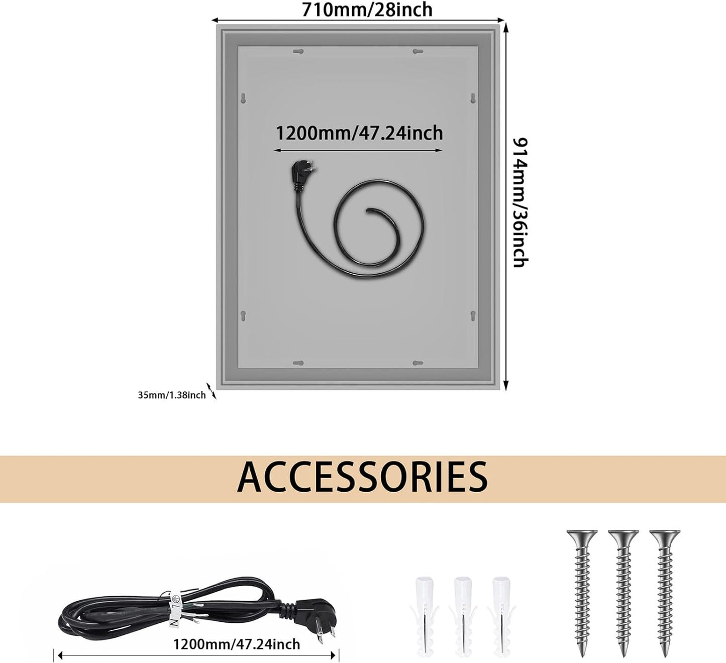 28 x 36in LED Bathroom Mirror Dimmable Anti-fog Wall Vanity Touch Makeup Mirror