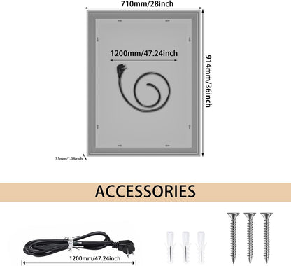 28 x 36in LED Bathroom Mirror Dimmable Anti-fog Wall Vanity Touch Makeup Mirror