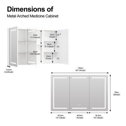 Large LED Medicine Cabinet Bathroom Mirror Cabinet with Light 3 Color 47×30 Inch