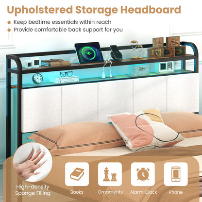 Queen Size Bed Frame w/LED Light & Charging Station Heavy Duty Metal Platform