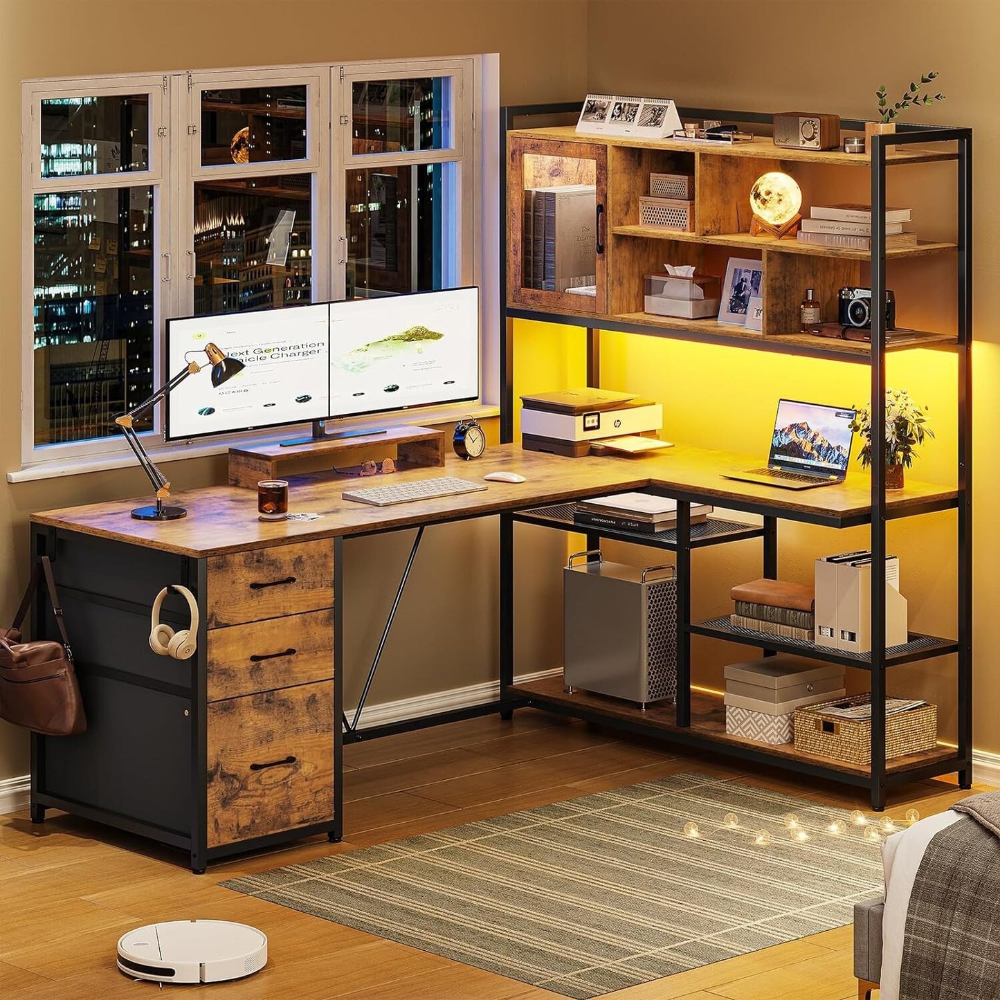 L Shaped Computer Desk with LED Light &Bookshelf 58'' Office Desk with 3 Drawers