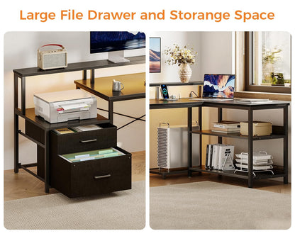 Reversible L Shaped Computer Desk Gaming Desk w/ Power Outlet & LED Strip,Black