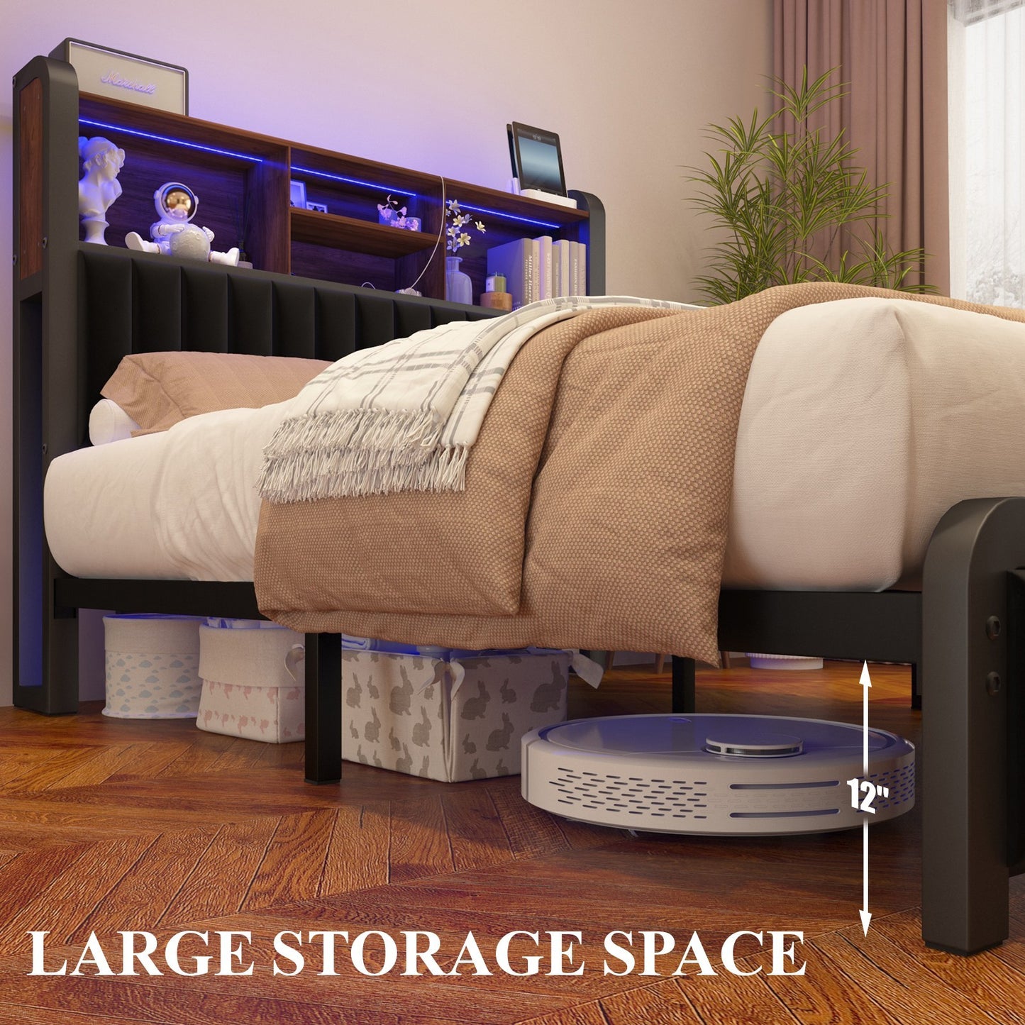 Full/Queen Size Bed Frame with Storage Headboard, LED Lights, Charging Station