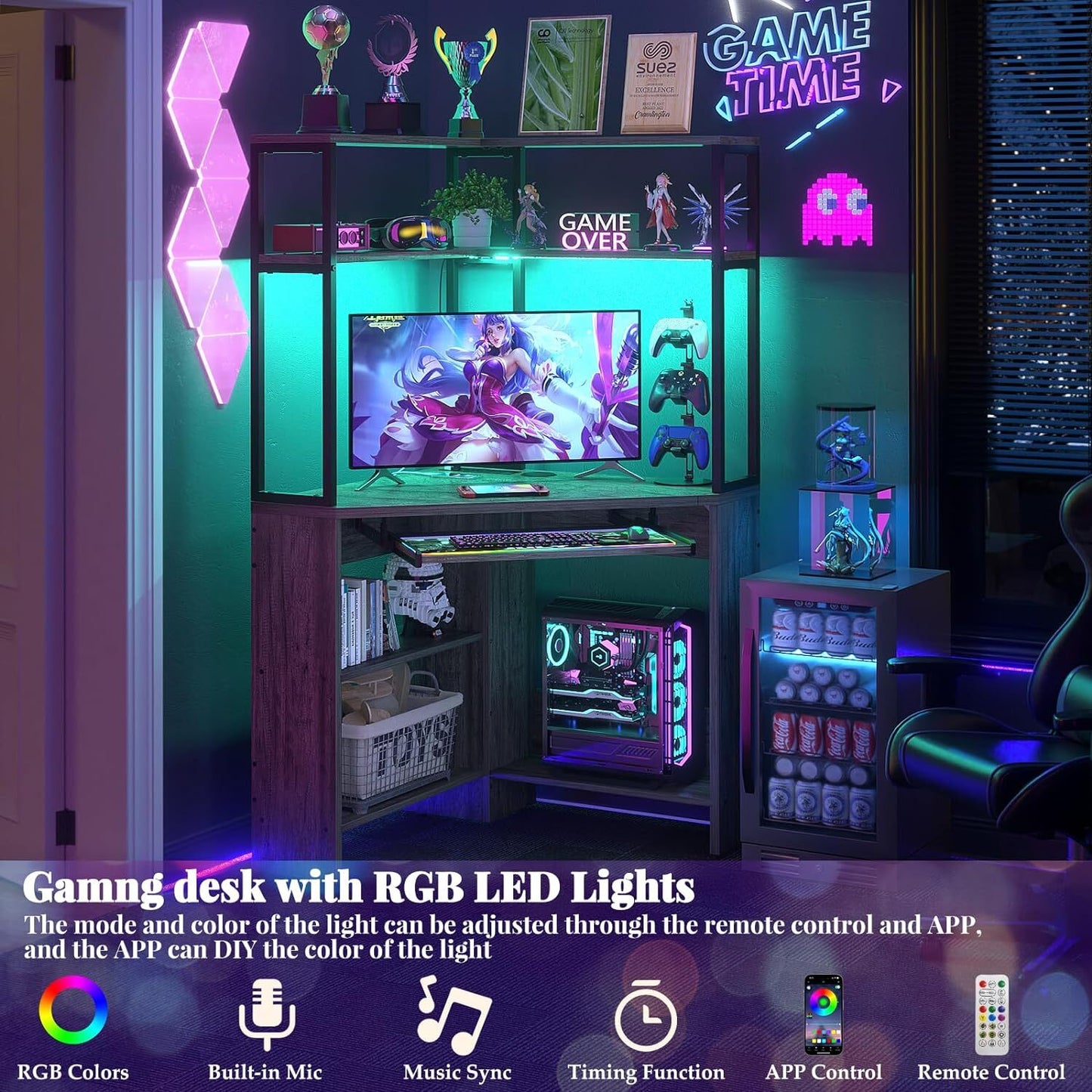 Triangle Corner Computer Desk with Keyboard Tray & Hutch & LED Lights & Outlets