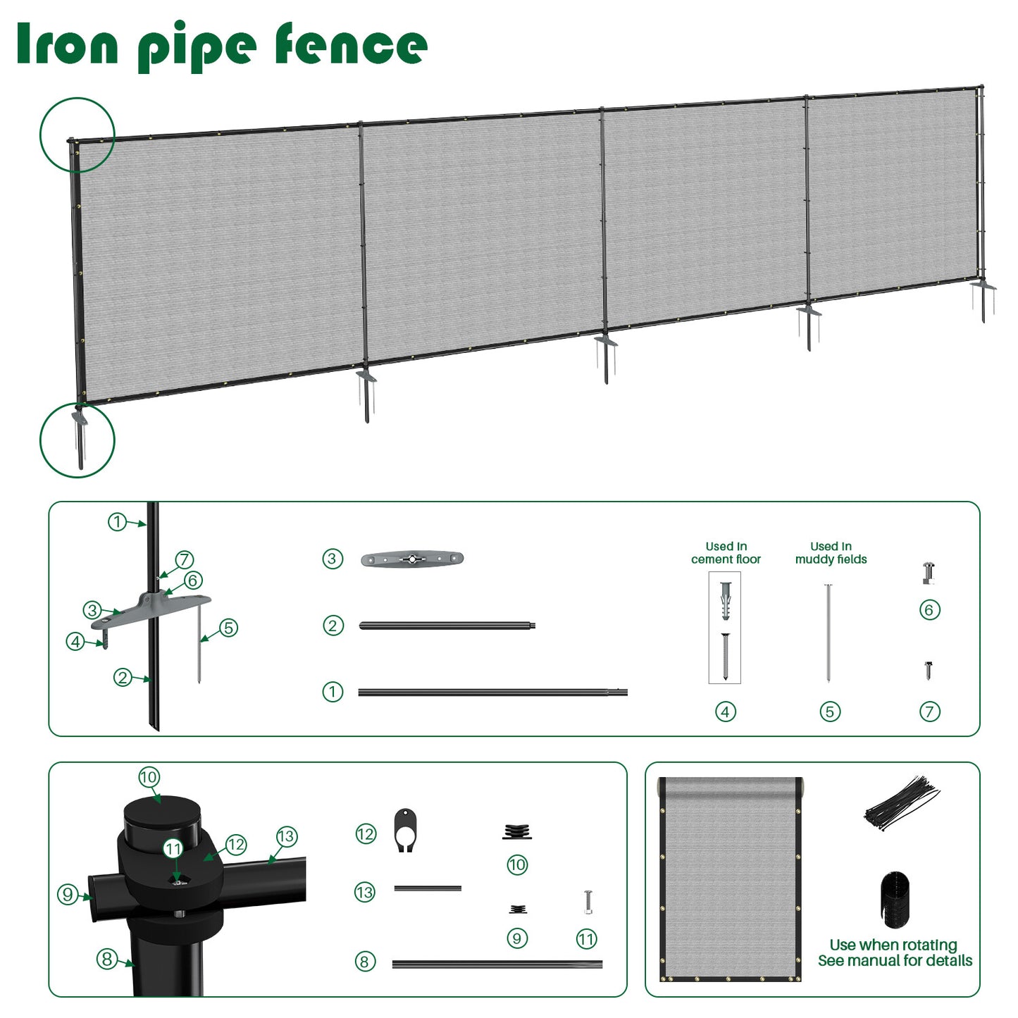Heavy Duty Outdoor Freestanding Privacy Screen Fence Panels with Iron Poles