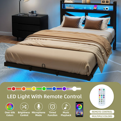 Twin Size Floating Bedroom Bed Frame with USB Charging Port & LED Lights Metal