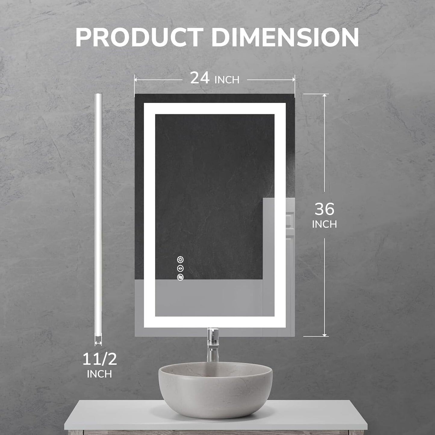 24x36in LED Bathroom Mirror Wall Vanity Mirror Dimmable Anti-fog Tempered Glass