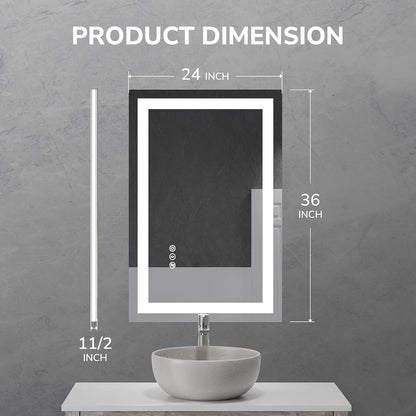 24x36in LED Bathroom Mirror Wall Vanity Mirror Dimmable Anti-fog Tempered Glass