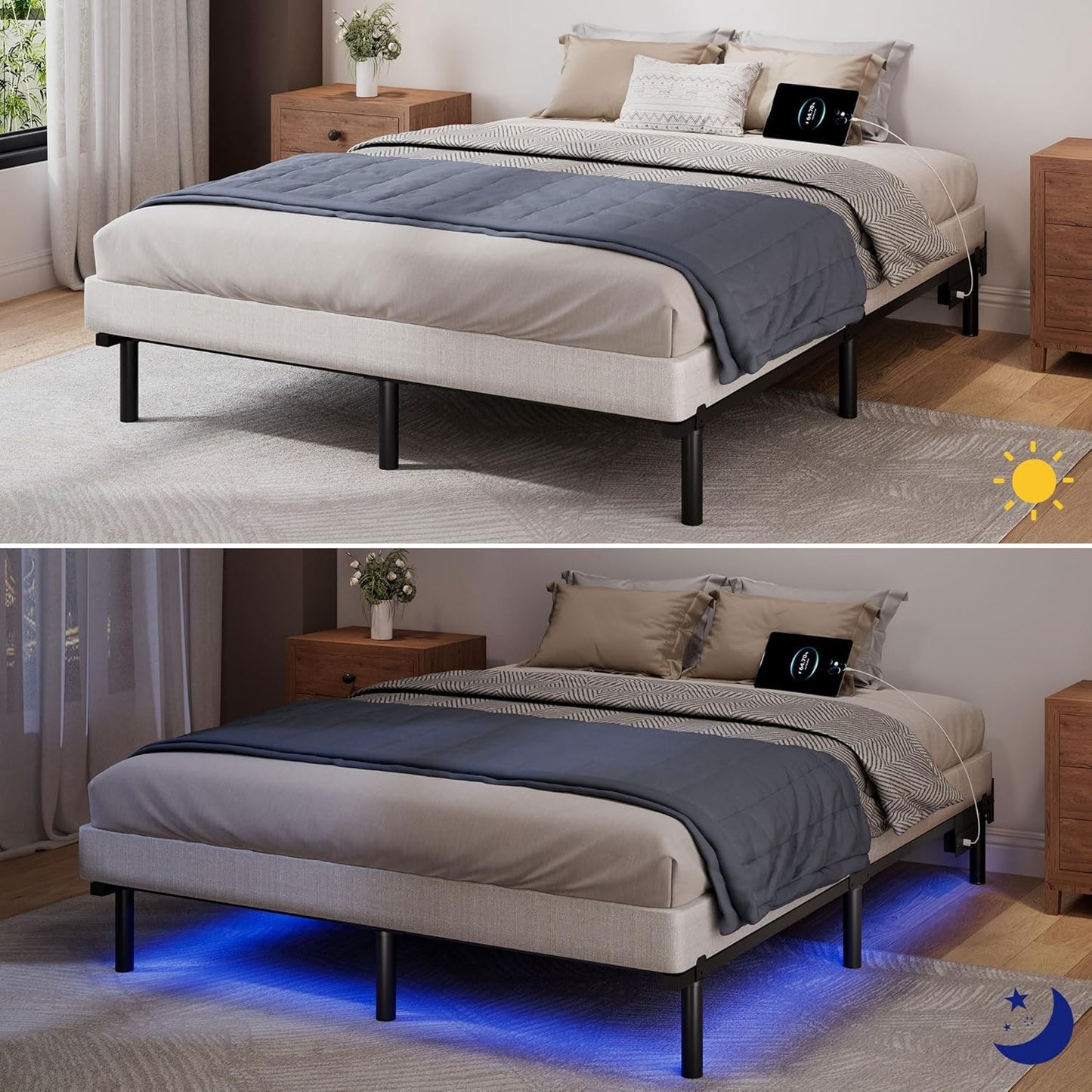 Queen Size Bed Frame with LED, 7 Inch Metal Steel Bedframe for Box Spring and Ma