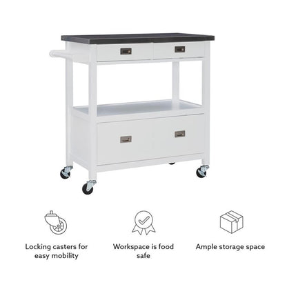 Linon Sydney Wood Rolling Kitchen Storage Cart Stainless Steel Top In White