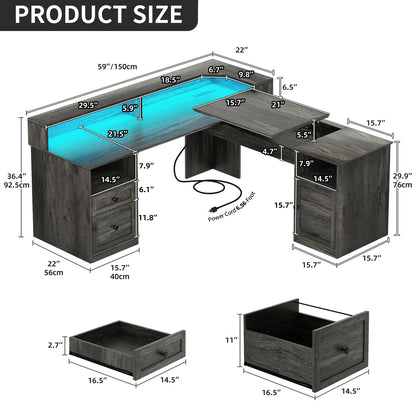 60" Lift Top L Shaped Desk with Power Outlets & LED Lights Corner Computer Desk