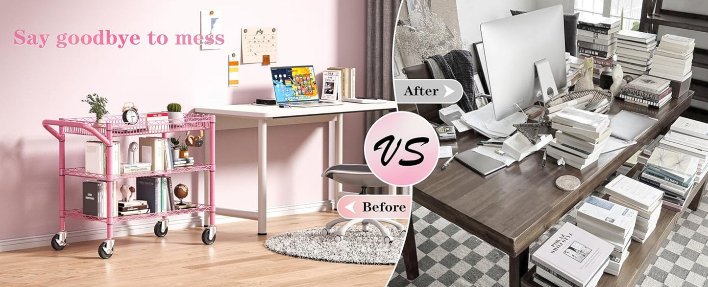 Heavy Duty Utility Cart with Handle 990lbs Capacity Metal 3 Tier Rolling Carts