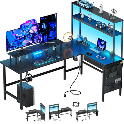 L Shaped Gaming Desk with LED & Power Outlets, Computer Desk with Monitor Stand