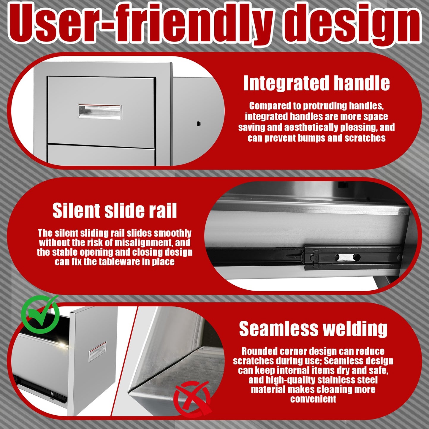 Outdoor Kitchen Drawers Stainless Steel 3-Drawer BBQ Drawer 16"W x 21.5"H x 18"D