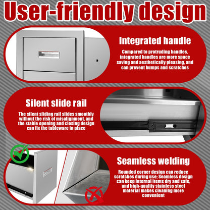 Outdoor Kitchen Drawers Stainless Steel 3-Drawer BBQ Drawer 16"W x 21.5"H x 18"D