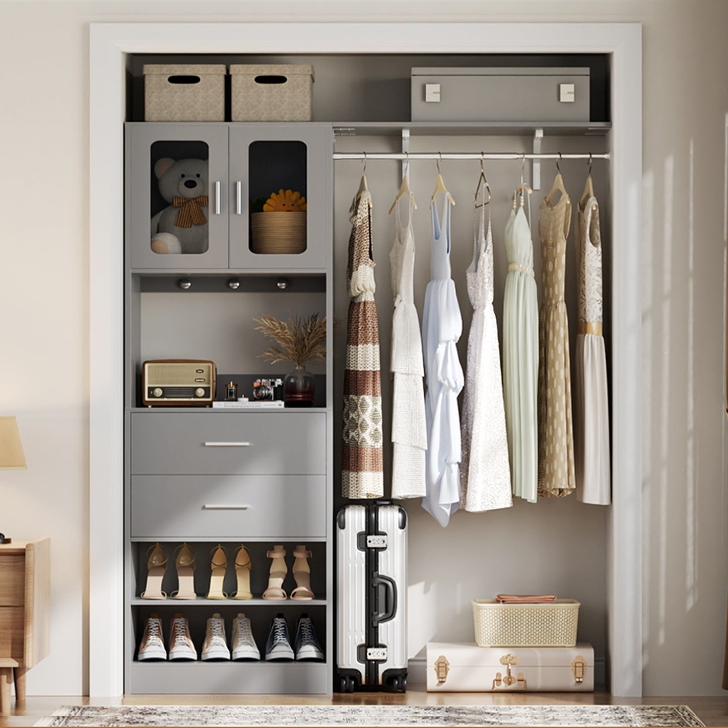 60'' W Walk-in Closet Organizer System with Door Storage Cabinet and Wood Drawer