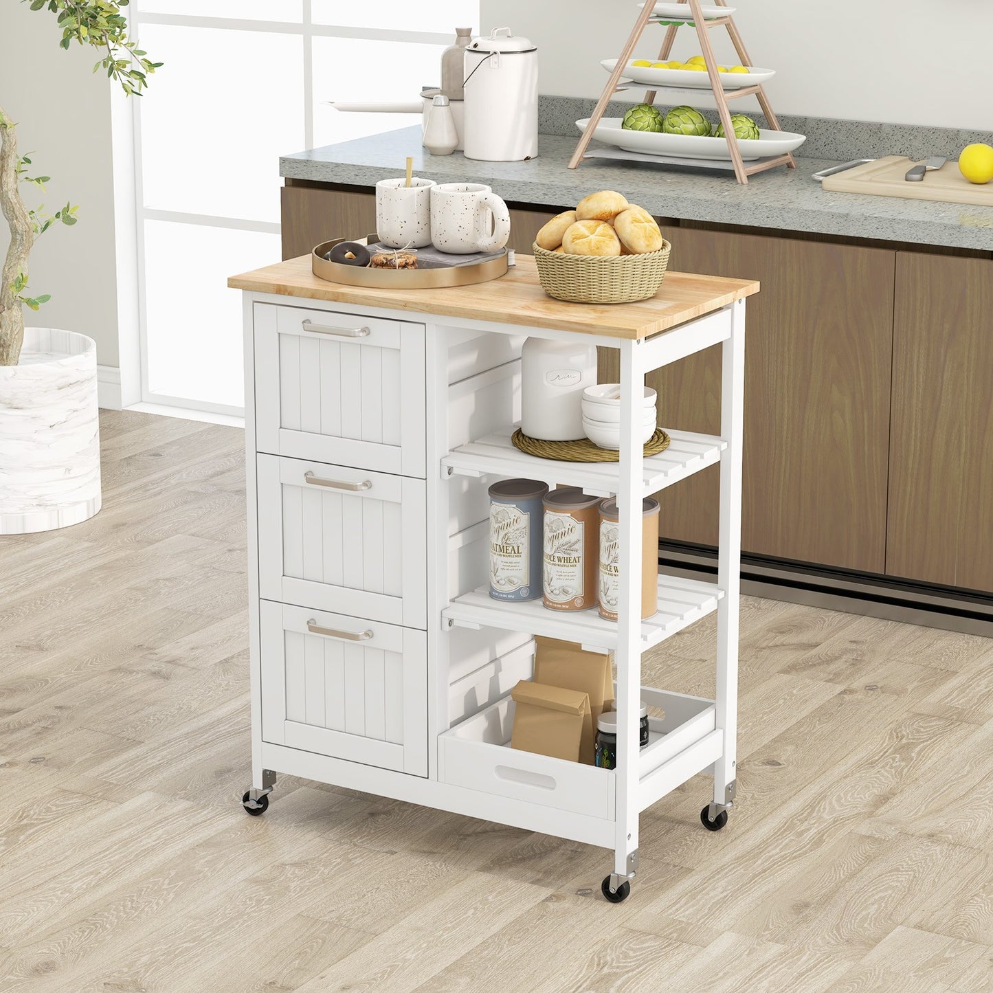 Kitchen Island Cart Mobile Storage Organizer w/ 3 Large Drawers 2 Open Shelves