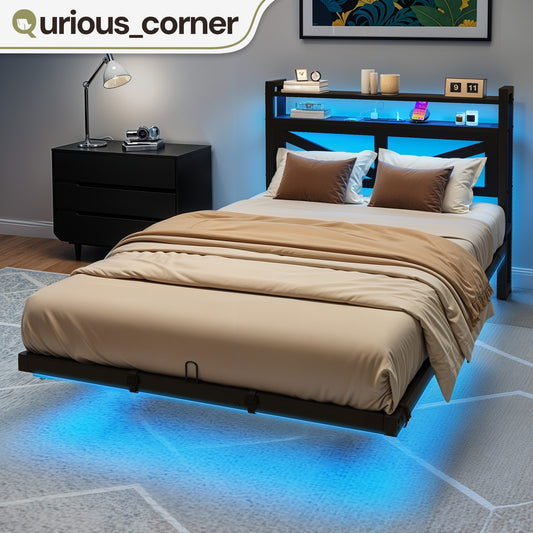 Twin Size Floating Bedroom Bed Frame with USB Charging Port & LED Lights Metal