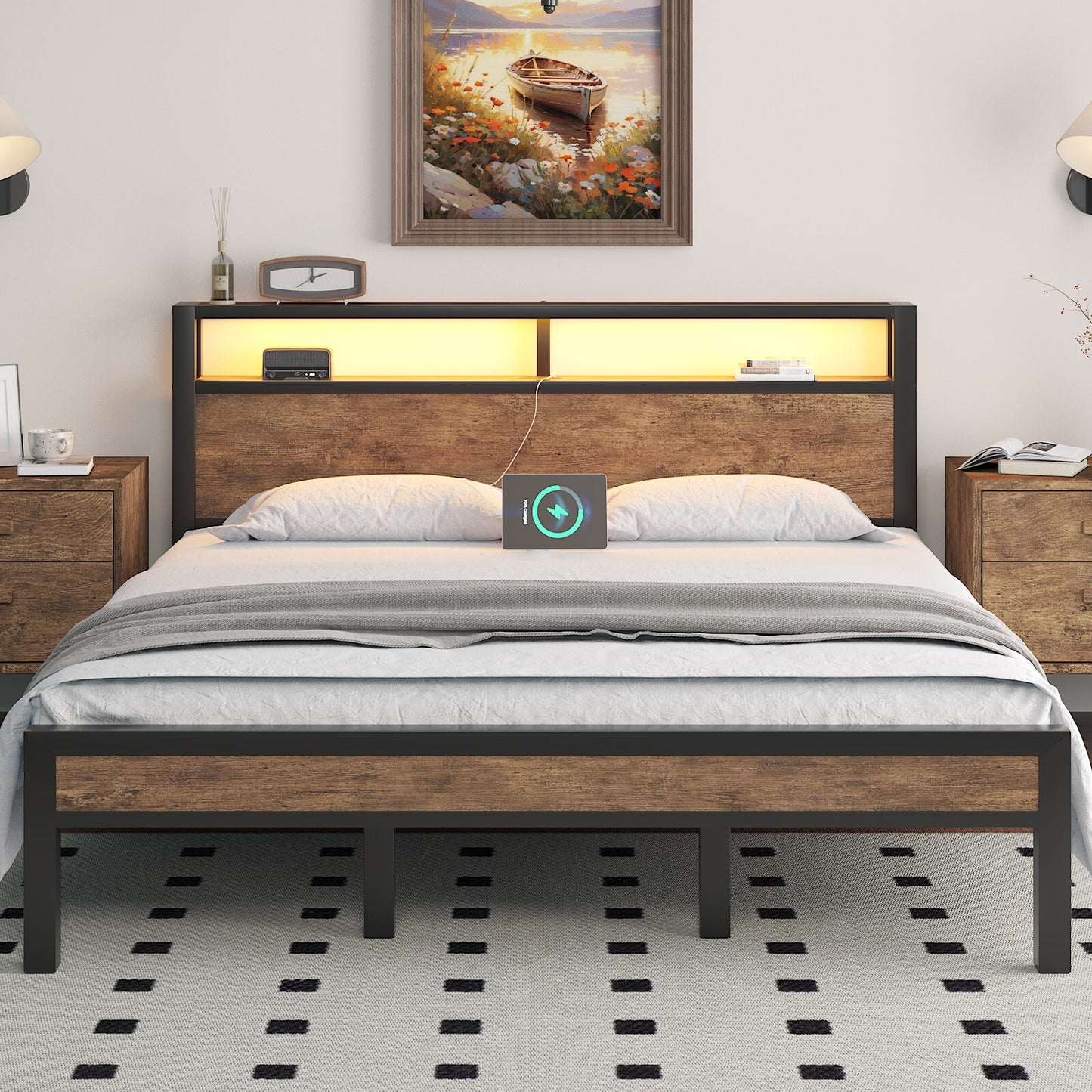 LED Light Bed Frame with 2-Tier Storage Headboard and Charging Station/Grey