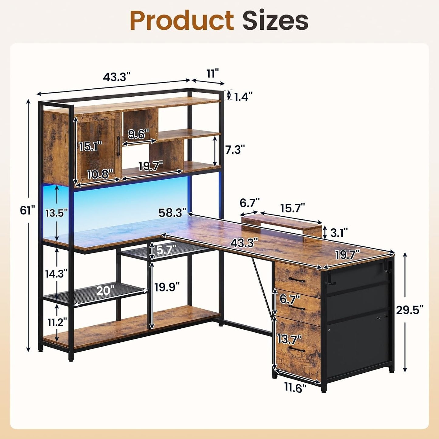 L Shaped Computer Desk with LED Light &Bookshelf 58'' Office Desk with 3 Drawers