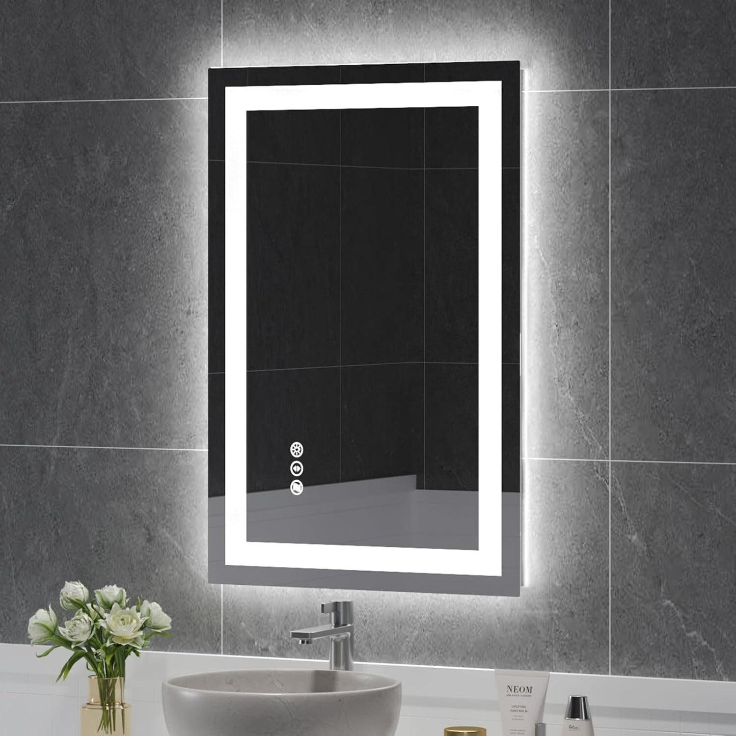 24x36in LED Bathroom Mirror Wall Vanity Mirror Dimmable Anti-fog Tempered Glass