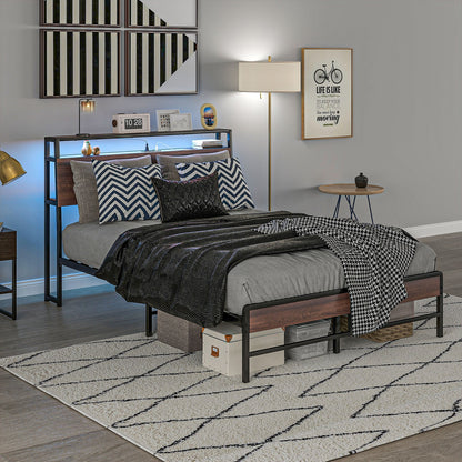 Full Bed Frame with Headboard, LED Lights, Charging Station, Walnut