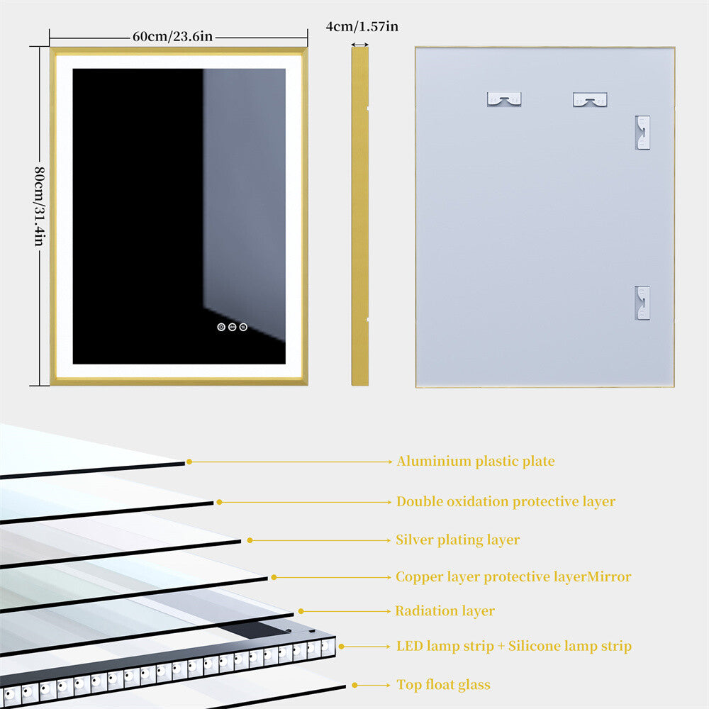 LED Mirror Bathroom Wall Mirrors w/ Lights Gold Frame Dimmable 3 Colors Anti-fog