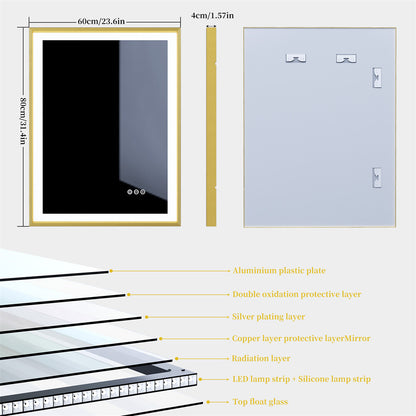 LED Mirror Bathroom Wall Mirrors w/ Lights Gold Frame Dimmable 3 Colors Anti-fog