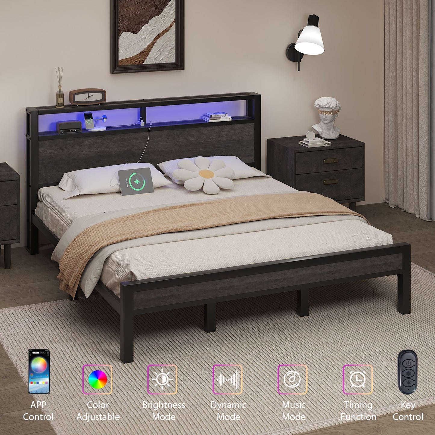 LED Light Bed Frame with 2-Tier Storage Headboard and Charging Station/Grey